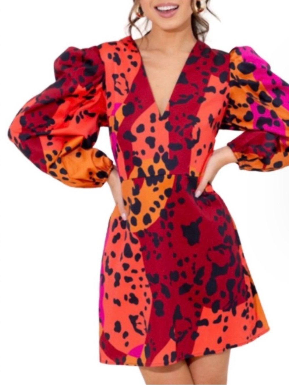Alden Adair Colorful Abstract Puff Sleeve Mini Dress – Size Medium